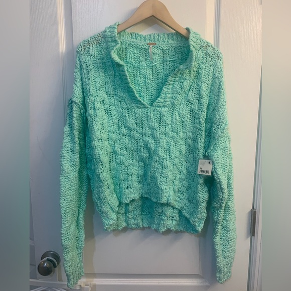 Free People Josephine Cotton Knit V-Neck Long Sleeve Pullover Sweater Mint M NWT - Picture 2 of 4